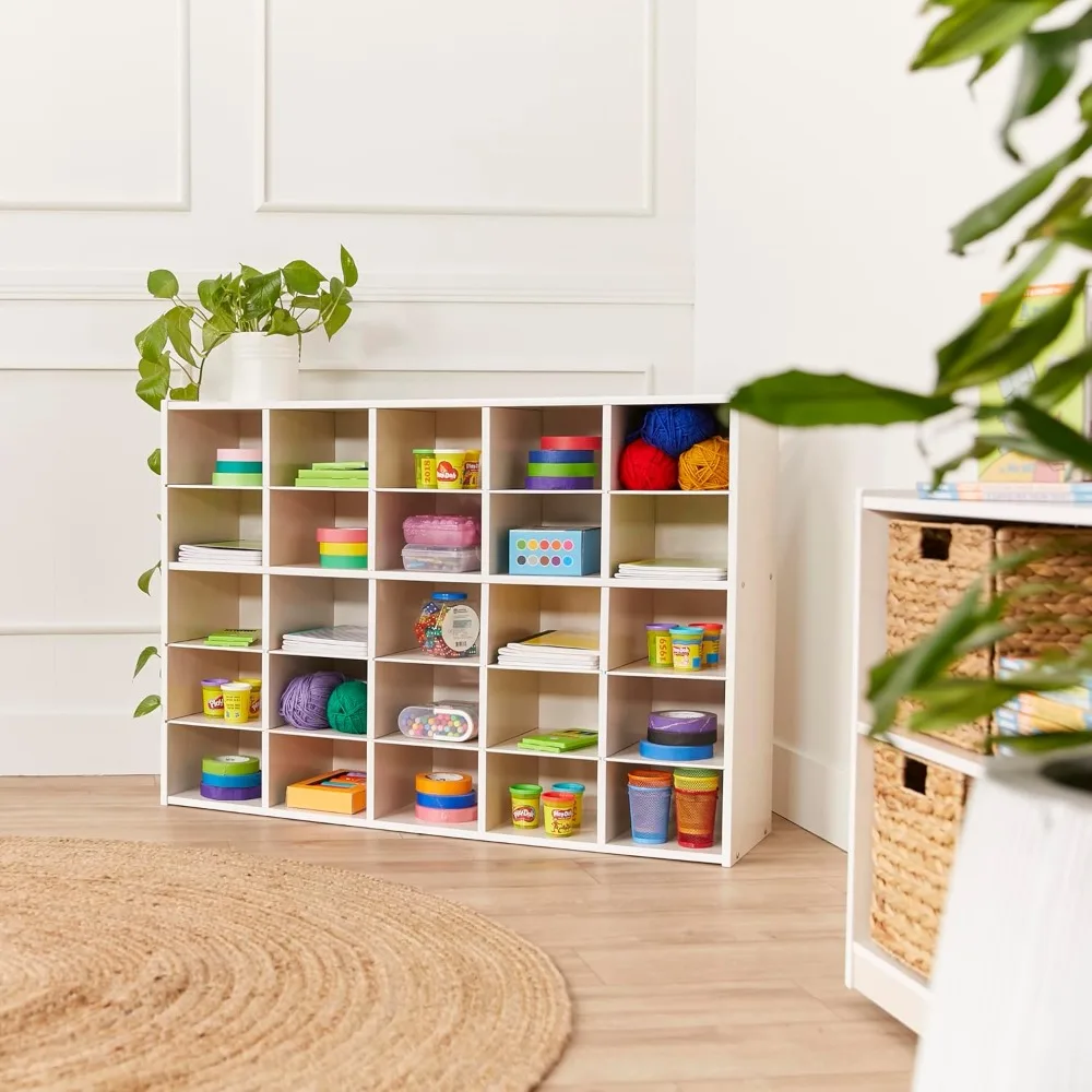 25 Cubby Tray Storage Cabinet, 5x5, Classroom Furniture, White Wash