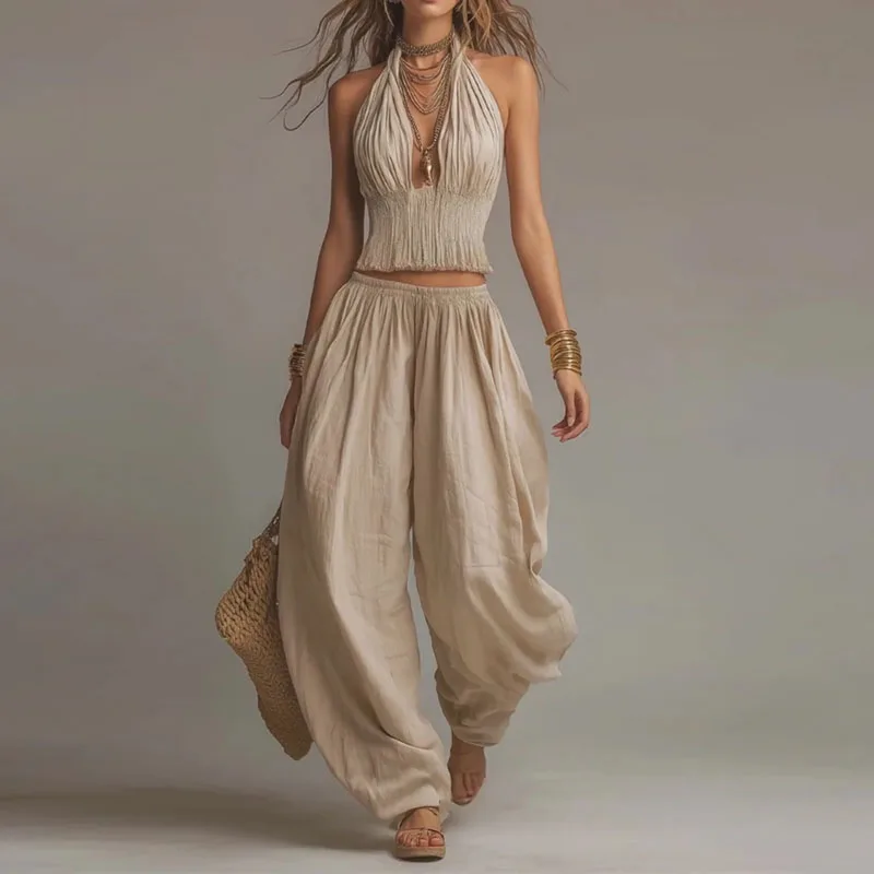 Boho Smocked Halter Crop Top+Harem Pants Set Casual Sleeveless V Neck Backless Vacation Outfits for Women Spring Summer 2pc Suit