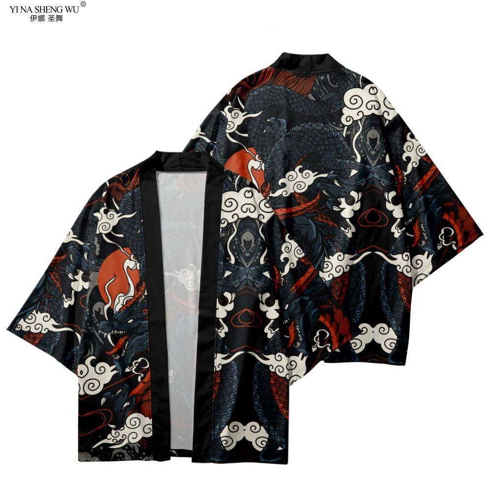 Black Kimono Cardigan Women Men Japanese Male Yukata Men\'s Haori Japanese Wave Carp Fox Print Coat Traditional Japan Clothing