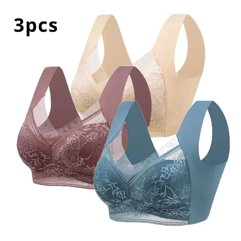 3Pcs Lace Traceless Ice Silk Bra No Steel Ring Fixation Integrated Gathering And Preventing Sagging Bra