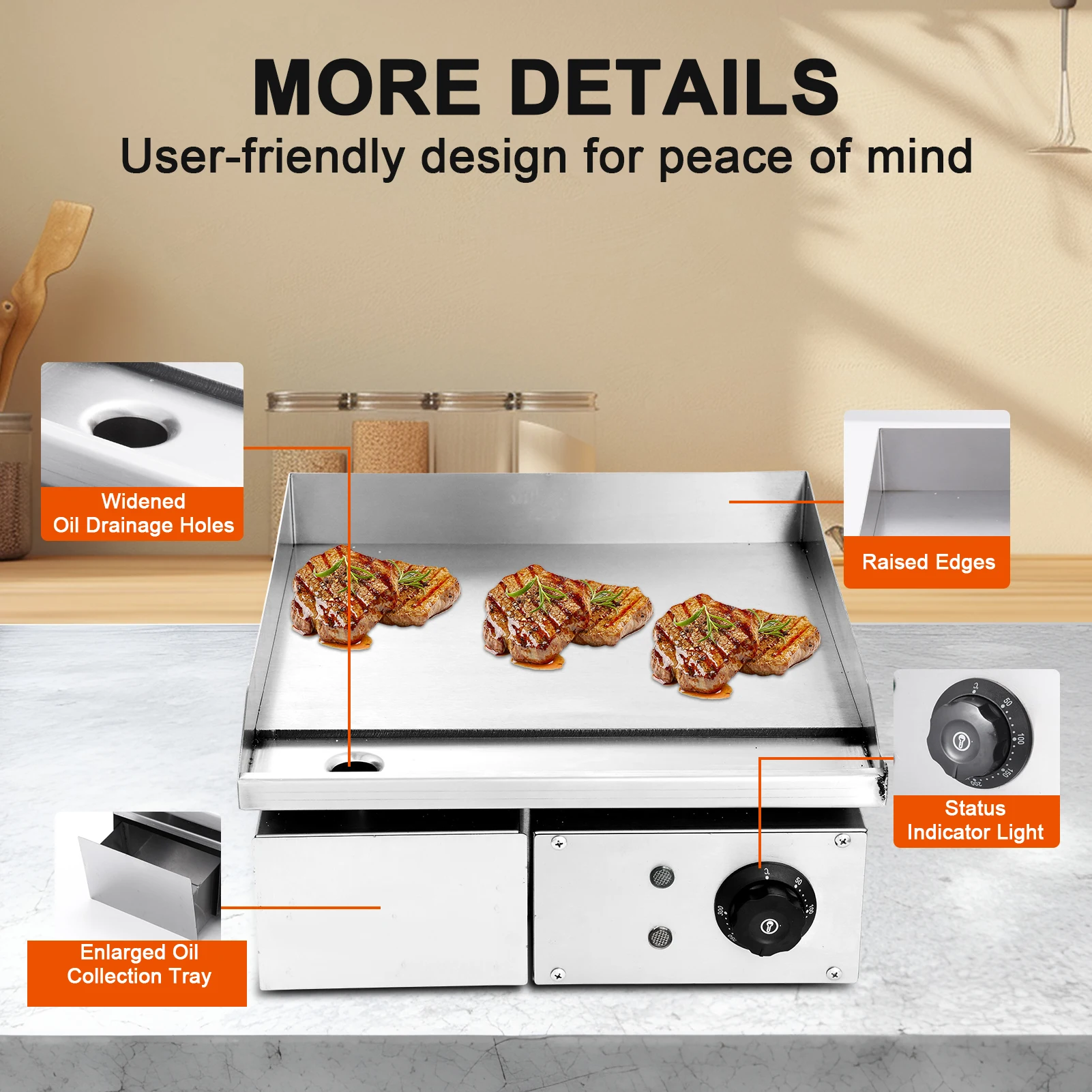 상업용 그리들 논스틱 카운터탑 그리들 1700W 상업용 플랫탑 그릴, 조절 가능한 온도 조절기 122 ℉   -572 ℉   레스토랑