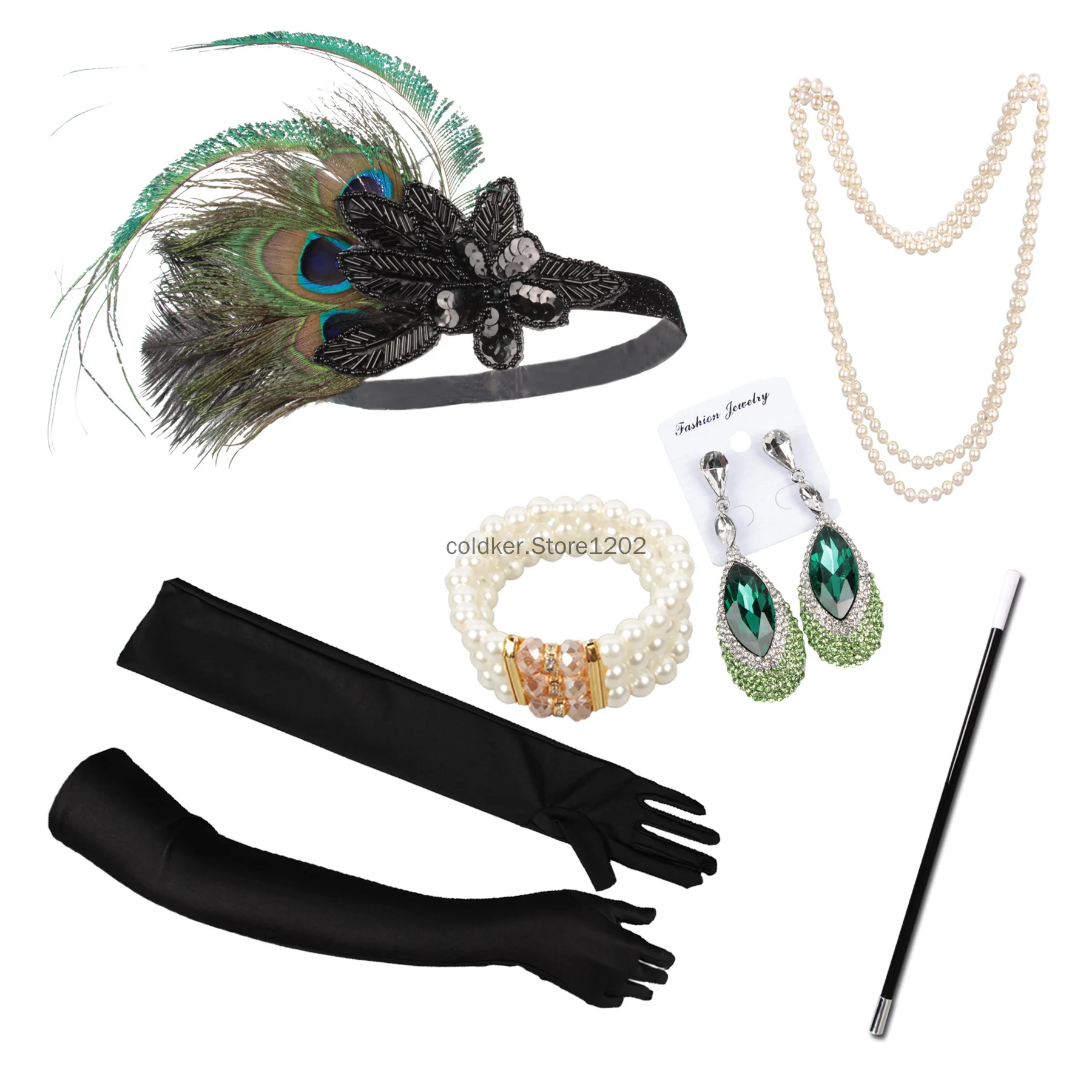 Grüne Kopfbedeckung 1 Set 1920er Jahre Flapper Cosplay Kostüm Feder Stirnband Perlenkette Langer Handschuh Gatsby Maskerade Zubehör