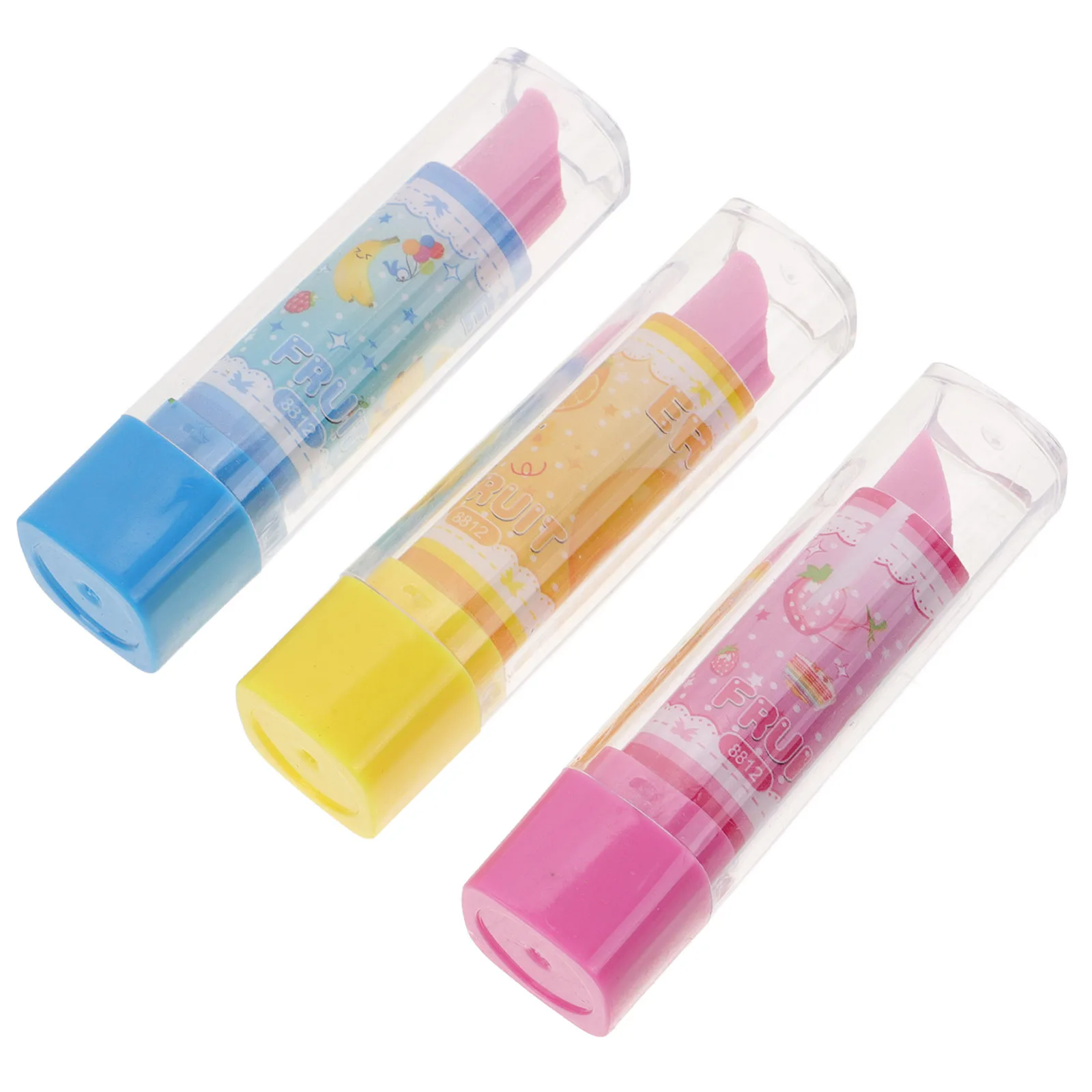 

3Pcs Lipstick Eraser Creative Fruit Pattern Cartoon Stationery Fun Pencil Erasers for Students Lipstick Eraser