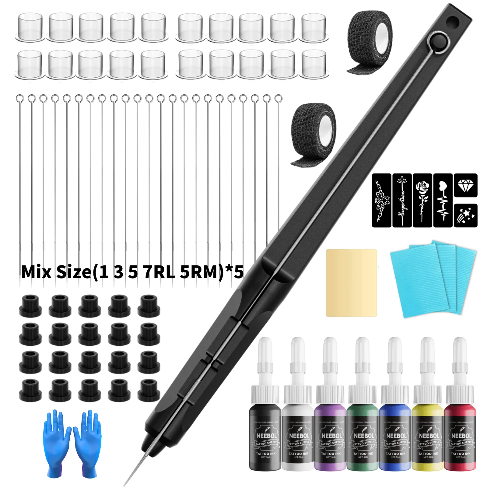 

Complete Hand Tattoo Kit, Includes 25 Precision Tattoo Needles, 7 Ink 5ml, Comfort Grip Pen, Gloves, Bandages DIY Tattoo Set