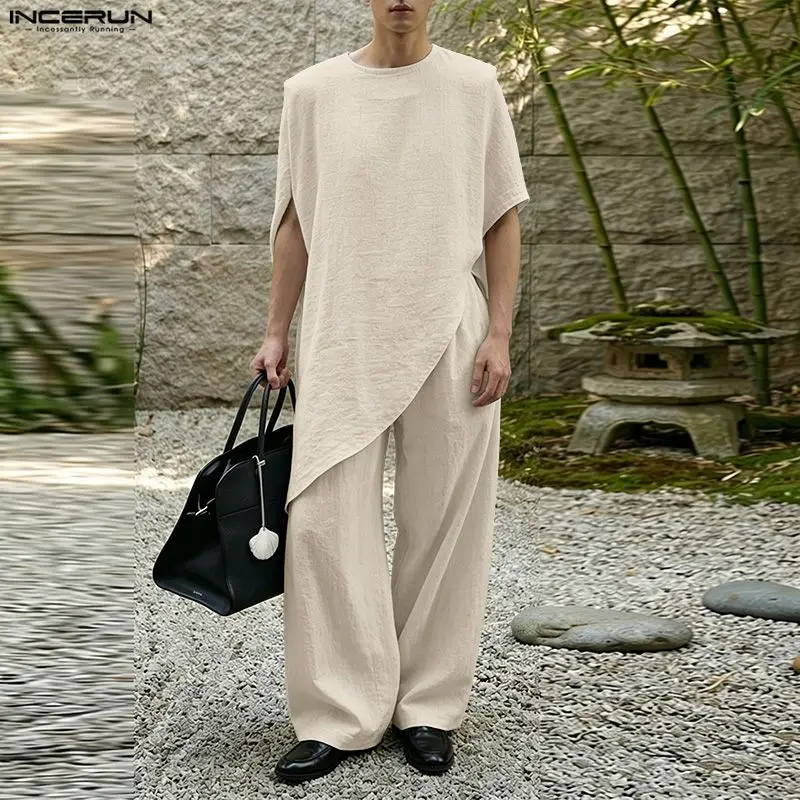 

INCERUN Men Sets Solid Color O-neck Short Sleeve Irregular T Shirt Pants Two Piece Sets Streetwear Men Matching Sets Tracksuits