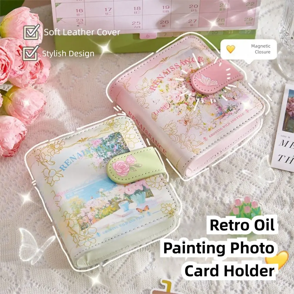 Vintage Card Storage Booklet Retro Oil Painting Style Mini 3-Ring Photo Album Holds Magnetic clasp Refillable Photocard Binder