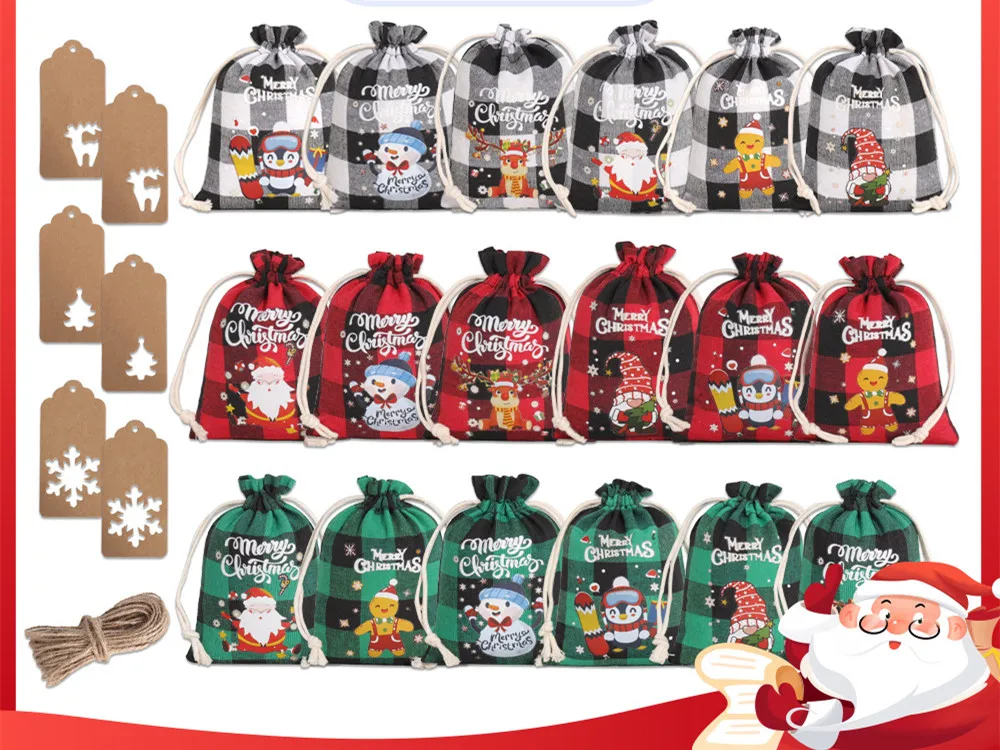 

6 Pieces Christmas Gift Storage Bag, Candy Package, Christmas Cotton Plaid Bags Cookie Sack, Drawstring Pouch