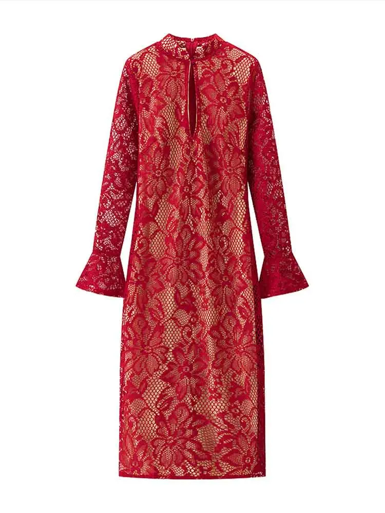 

New Women's European Style Fashion All-match Simple Lace Hollow Low-cut Trumpet Long-sleeved Hip-wrapped Dress