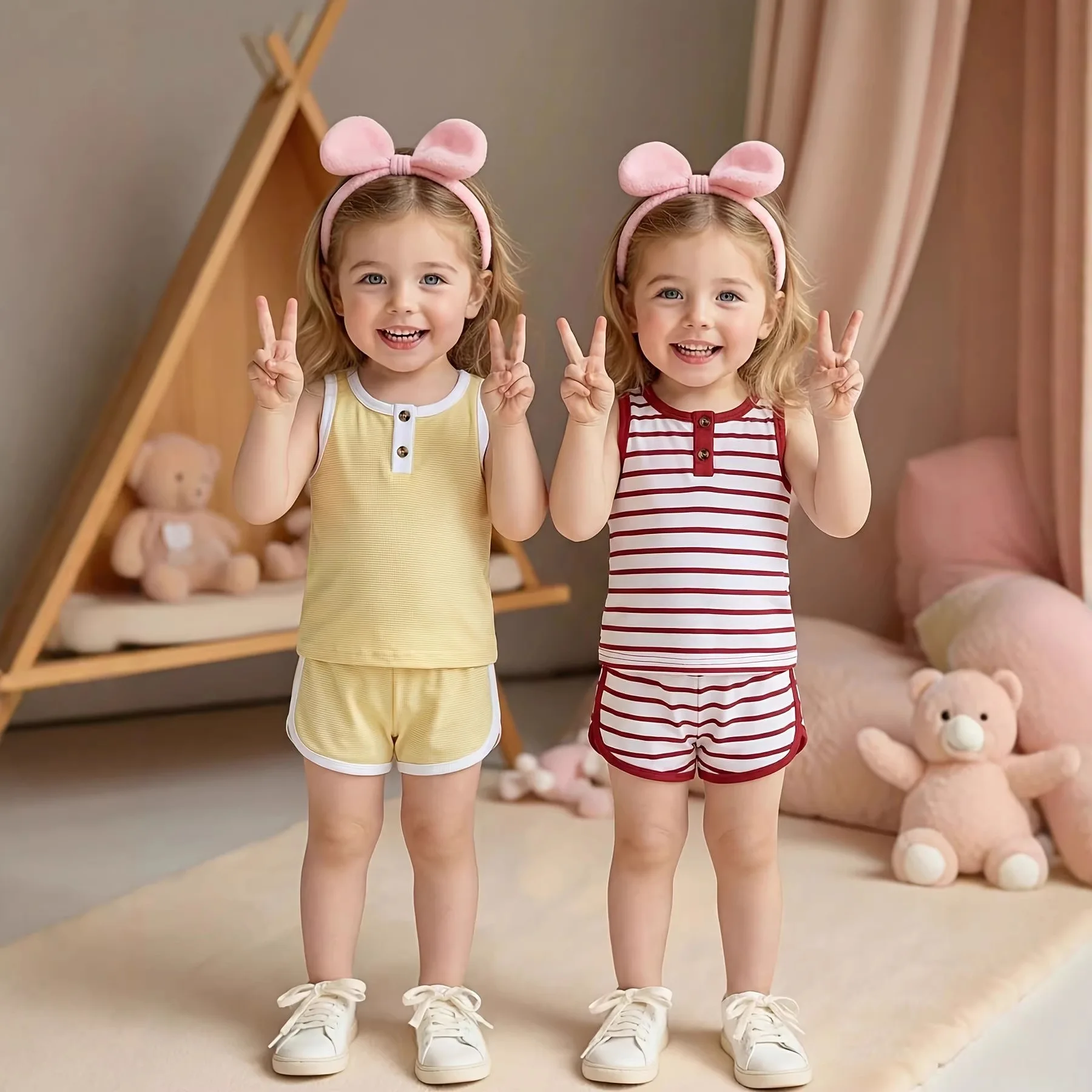 Baby Girl Summer Style Pullover Striped Vest Top Shorts Casual Four Piece Set Fashion and Cute Kids Suit