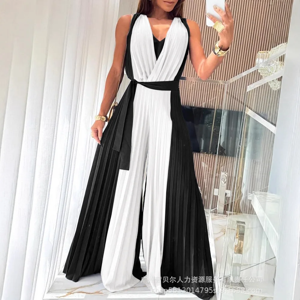 

Женские комбинезоны, темно-синий комбинезон без рукавов с завязками на талии и широкими штанинами