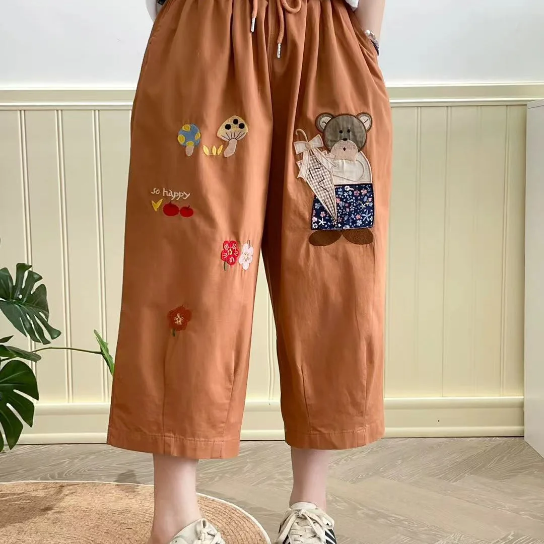 

Summer New Vintage Kawaii Cartoon Embroidery Calf-Length Pants Women Japanese Mori Girl Elastic Waist Casual Straight Pants