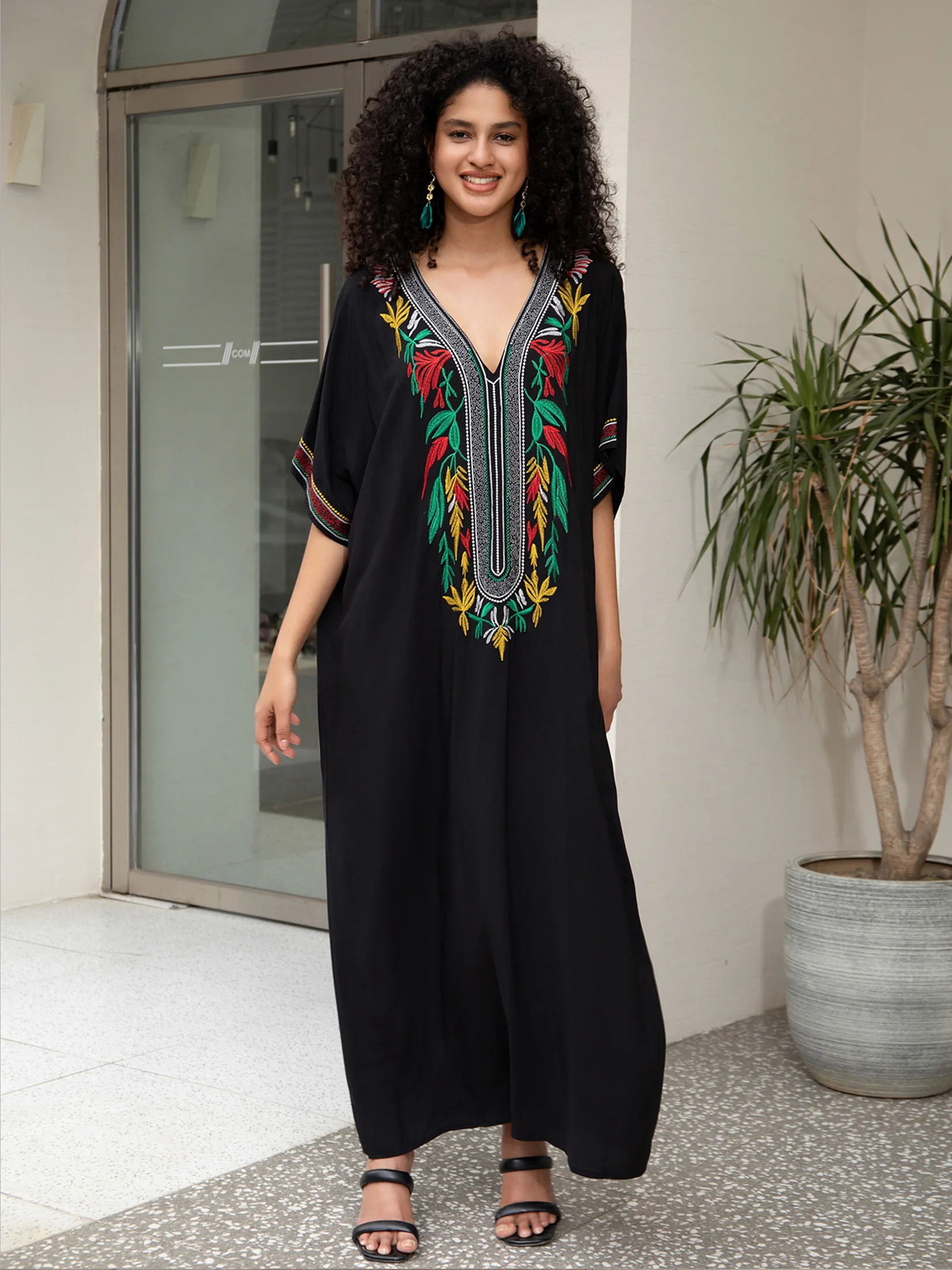 Embroidered Black Women Loose Kaftan Robe Summer Dresses Women 2024 Cozy Bohemian Holiday Beachwear House Dress Outfit Q1657