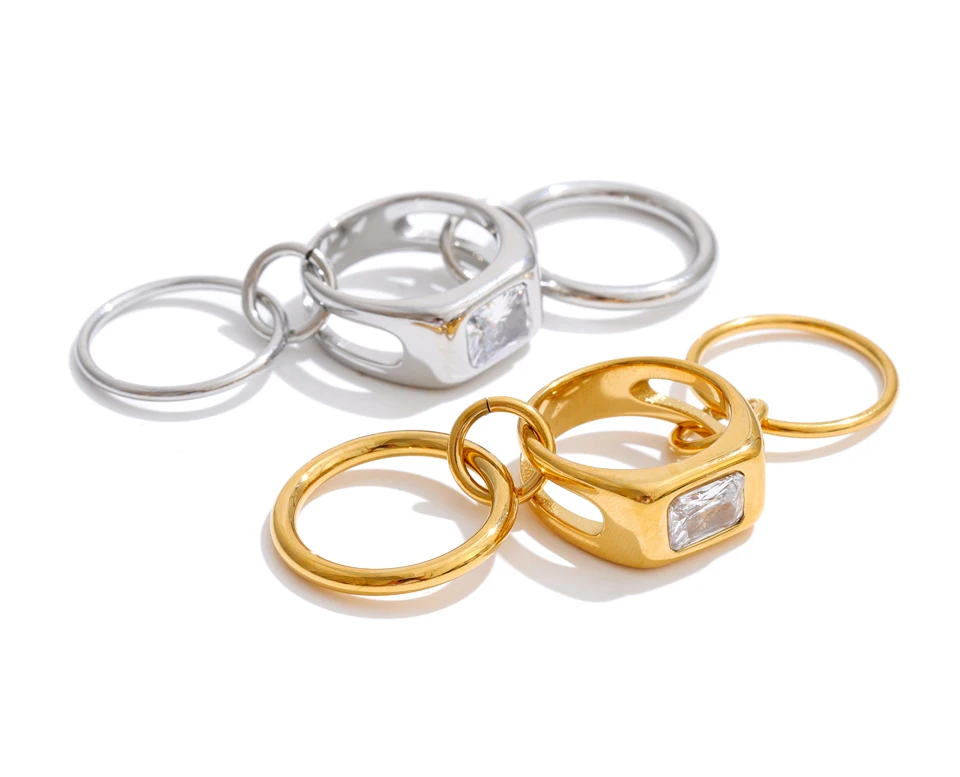 Yhpup Größe 678 Edelstahl-Ring mit kubischem Zirkonia, 3-lagig, gestapelt, 18K PVD-beschichtet, hochwertiger Guss-Schmuck – Detail 2