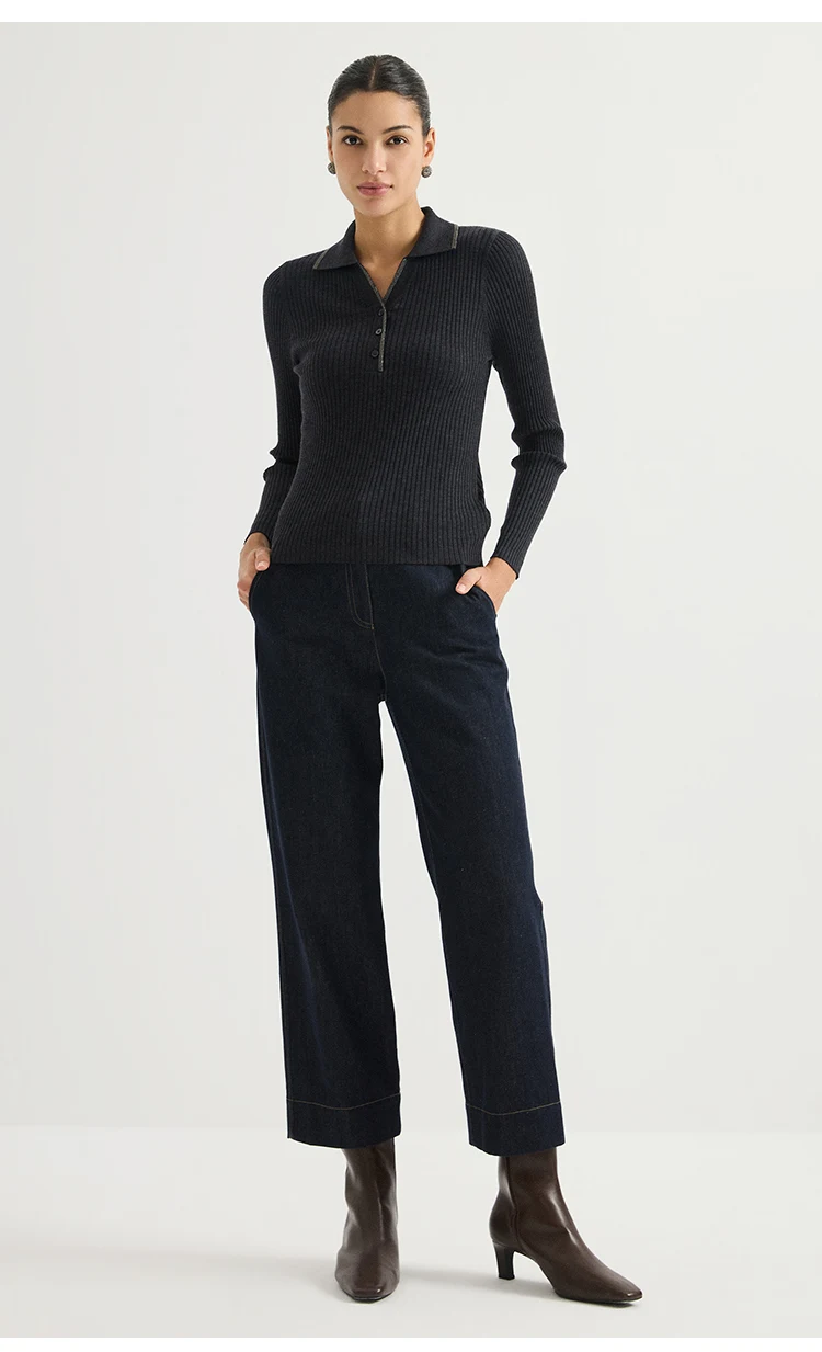 BL3621793 Damen-Pullover mit Polokragen, 100% Wolle, breiter Rippstrick, Muschelknöpfe, Kettenkragen-Verzierung, figurbetont, zweifarbig, für den frühen Herbst. – Detail 8