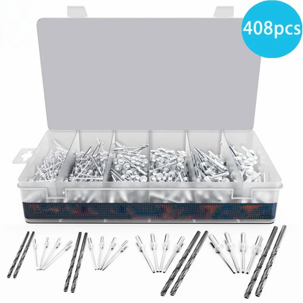 

Blind Rivets Semi-round Heads Blind Aluminum Pull Rivetsopen Type K Type M2.4 M3.2 M4 M5 408pcs Rivets 8 Steel Twist Drill Bits