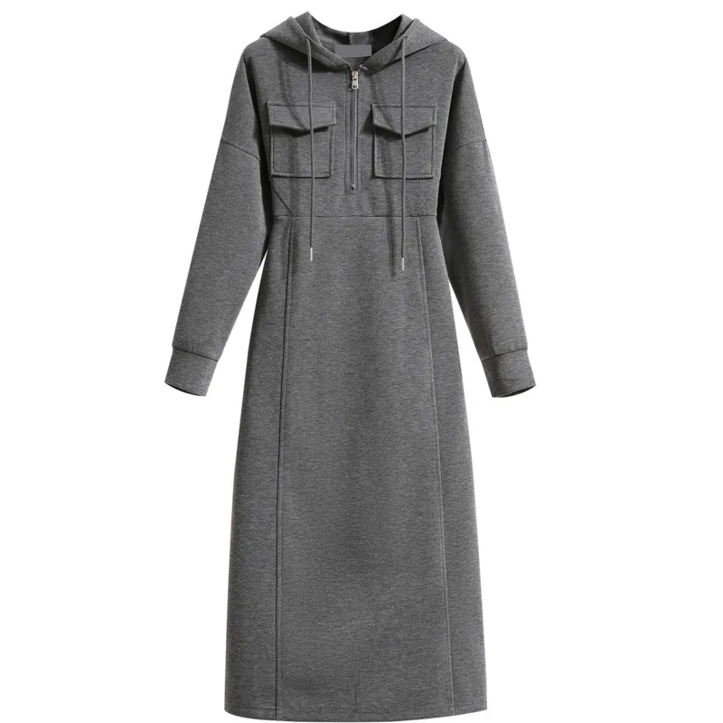 Autumn Winter Sweatshirt Long Dress For Women Fashion High Quality Long Sleeve Hooded Zipper Dresses Women Clothing