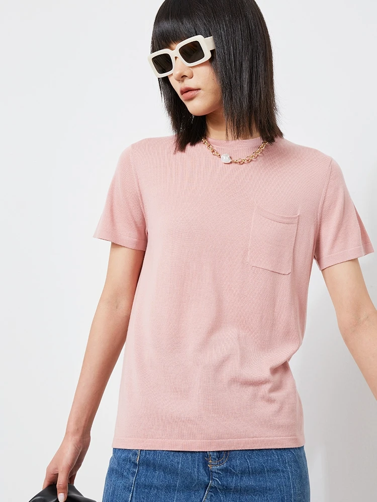 

Элитная женская футболка из 100% шерсти, вязаная в Янчжоу, однотонная, круглая горловина, дышащая