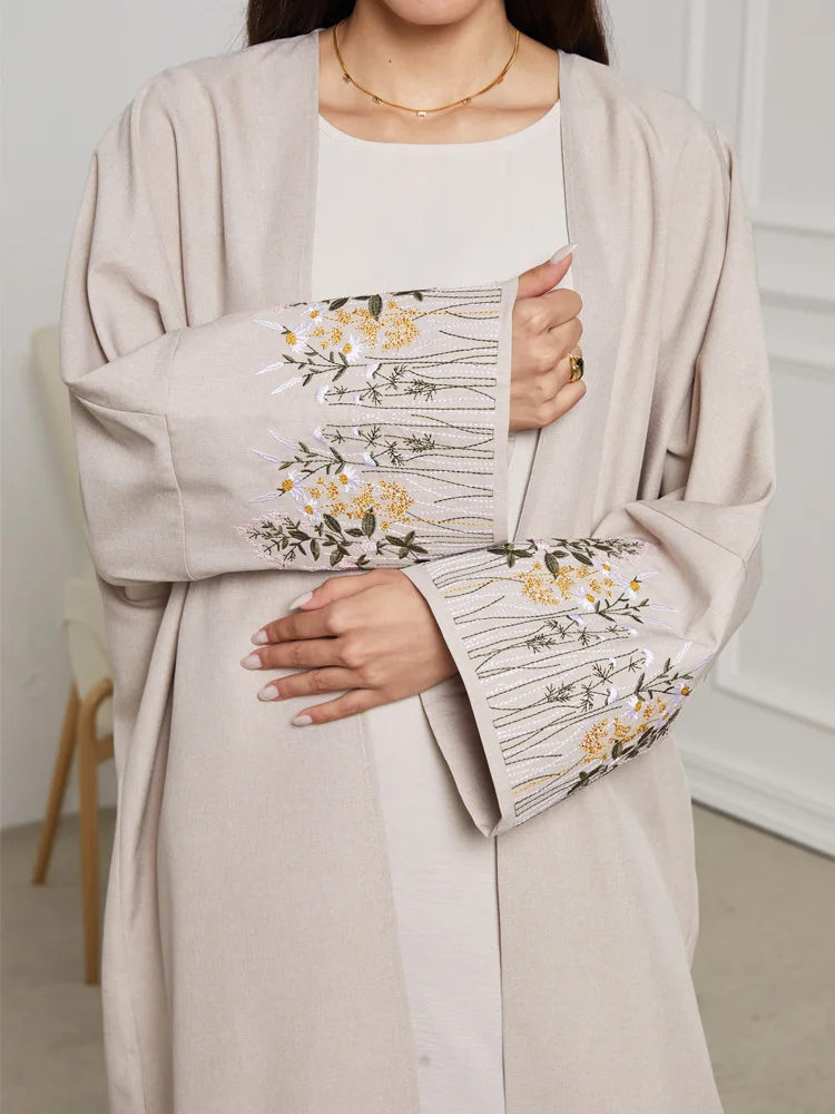 

Элегантная вышитая абайя с открытым передом, мусульманское платье-абайя с рукавами «летучая мышь», длинное исламское макси-платье с боковыми карманами