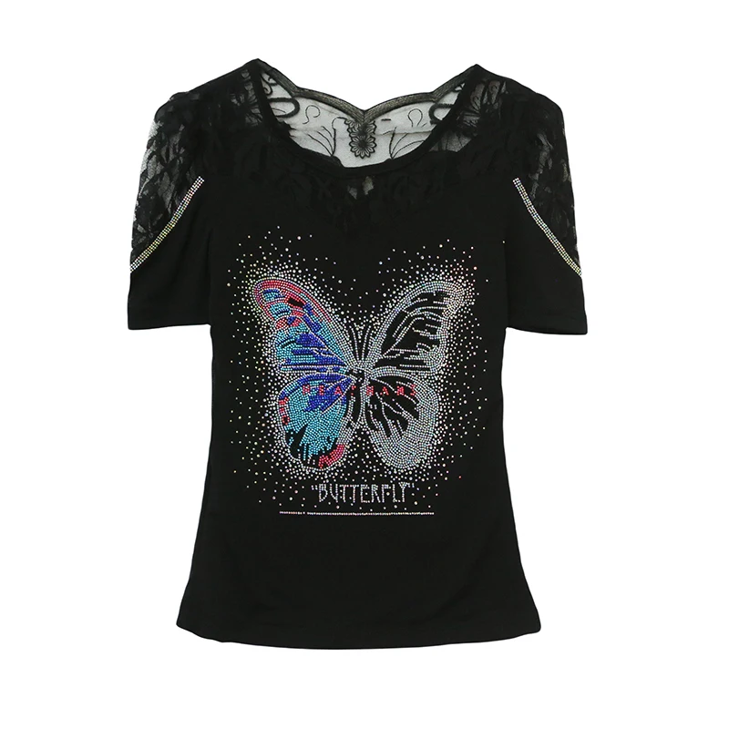 

2025,New,Summer,Korean,Style,T-Shirt,Chic,Sexy,O-Neck,Patchwork,Shiny,Diamonds,Butterfly,Women,Tops,Short Sleeve,Tees,561602