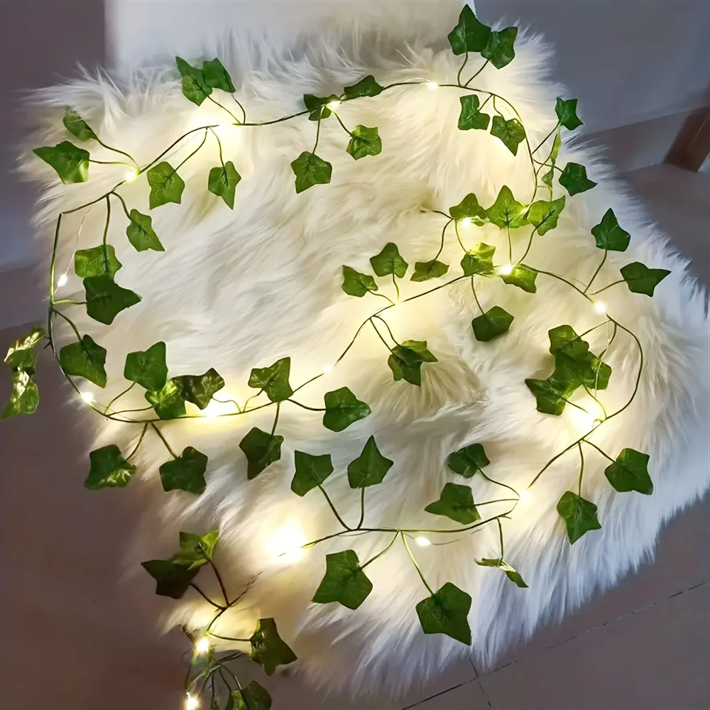 2M20LED Artificial Pothos Ivy Leaf Garland String Lights Battery Powered LED Fairy Lights for Bedroom Wall Christmas Party Home