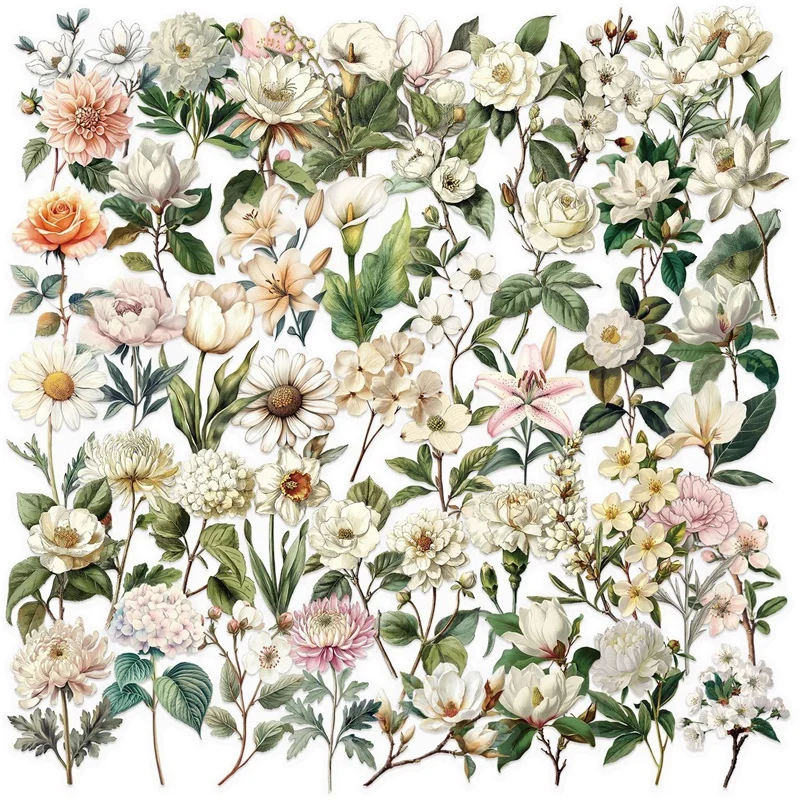 

50PCS Vintage White Flower PET Sticker Aesthetic Transparent DIY Decoration Scrapbooking Sketchbook Supplies for Kids
