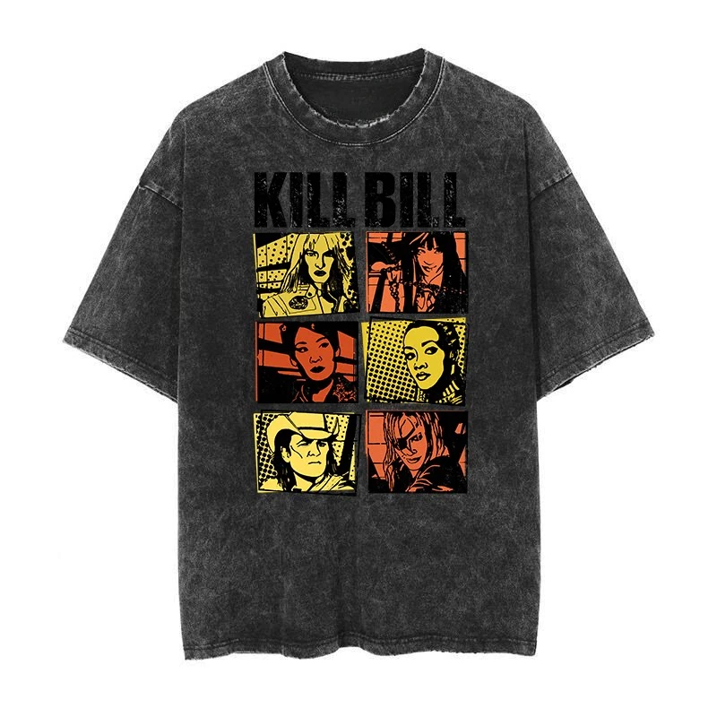 Hot Kill Bill The Bride Mens Vintage Washed Retro Batik Short-Sleeved T-Shirt Graphic Cotton Tee Printing High-end Luxury