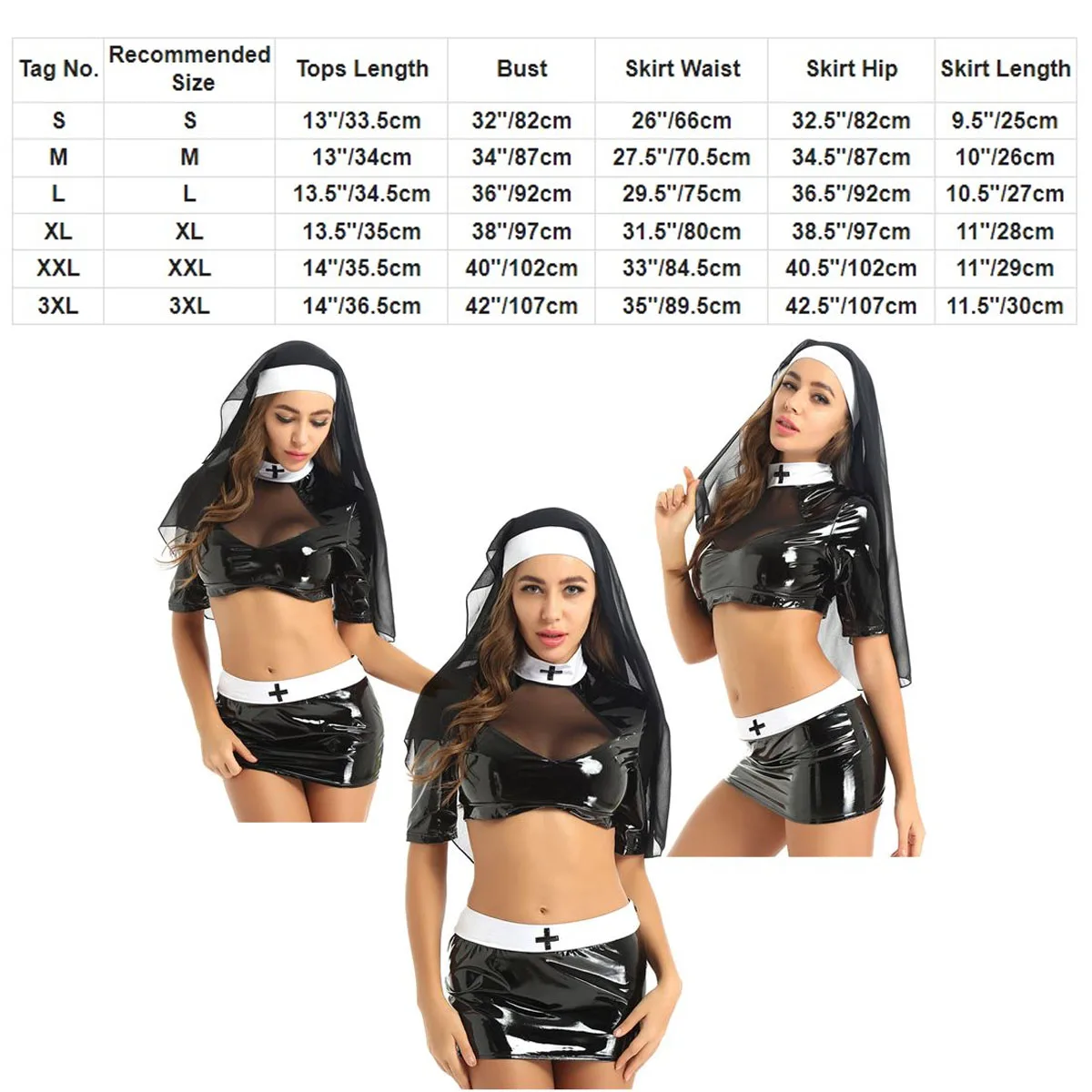 Sexy Nun Costume Women Patent Leather Bad Naughty Nun Roleplay Fancy Dress Outfit Religious Sister Bodysuit Lingerie Suit