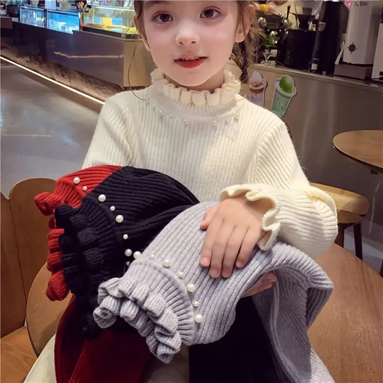 Girls Autumn Winter Knit Sweater Pearl Ruffled Collar Pullover Kids Casual Top