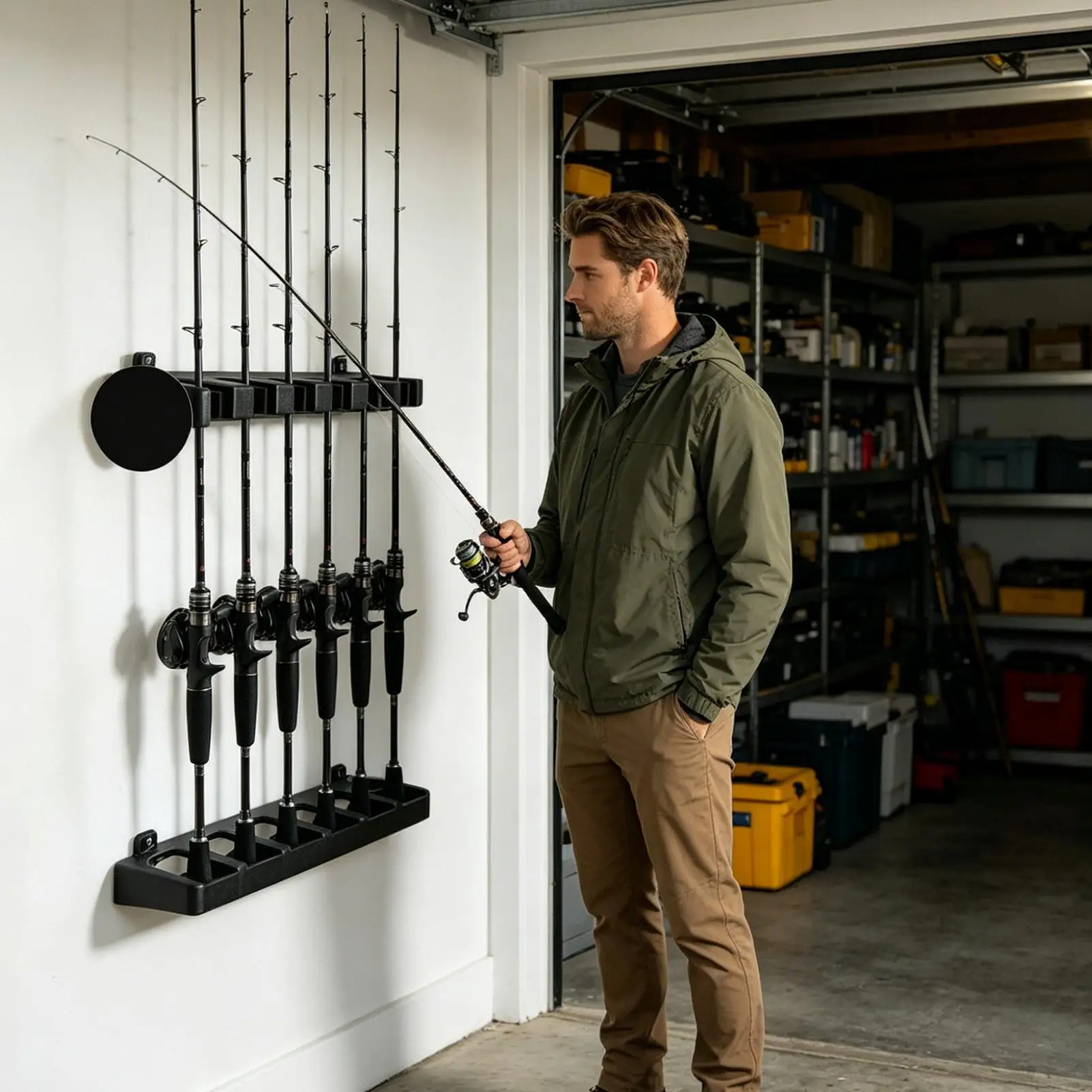 Vertical Fishing Rod Holder 6 Slots Space-Saving Vertical Organization Fishing Rod Wall Holder For Garage Basement Boat Home