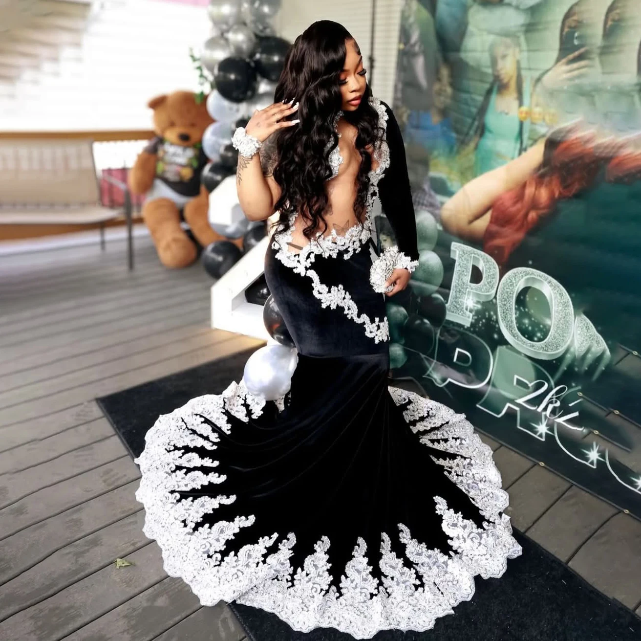 

Radia May Customized Black Mermaid Prom Dresses for Black Girls Sexy Lace Appliques Velvet Evening Party Gown Long Sleeves BP103