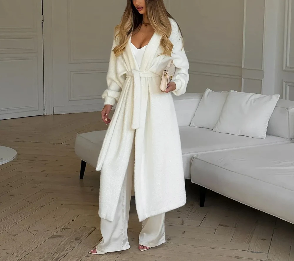 Tie-front Long-sleeve Cardigan Coat 2025 Autumn and Winter New Style Lantern-sleeve Extended-length Sweater Coat
