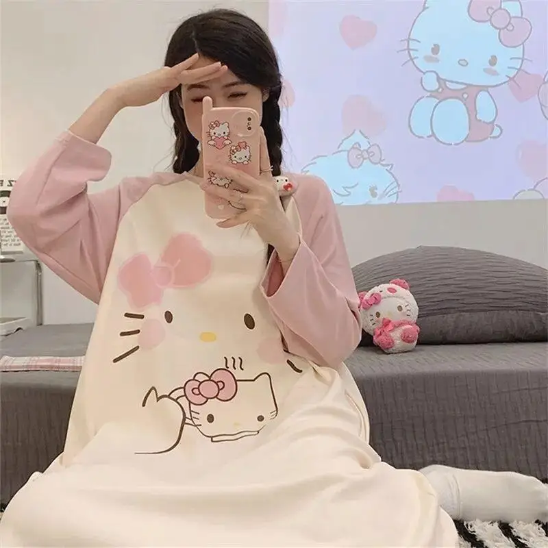 

Ночная сорочка Sanrio Hello Kitty из мягкого легкого хлопка для женщин больших размеров, удобная домашняя одежда, пижама, милая новинка с длинным рукавом
