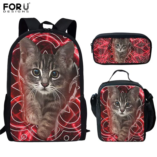 Cartoon Novelty Peculiar Cool Cute Cat Pattern 3D Print 3pcs/Set pupil School Bags Laptop Daypack Backpack Lunch bag Pencil Case