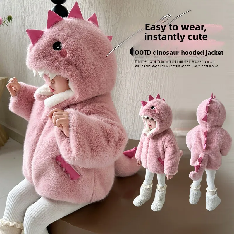 girls-winter-fur-coat-dinosaur-fur-thickened-cartoon-children's-clothing-faux-fur-jacket-with-hat-zipper-closure-kids-outwear
