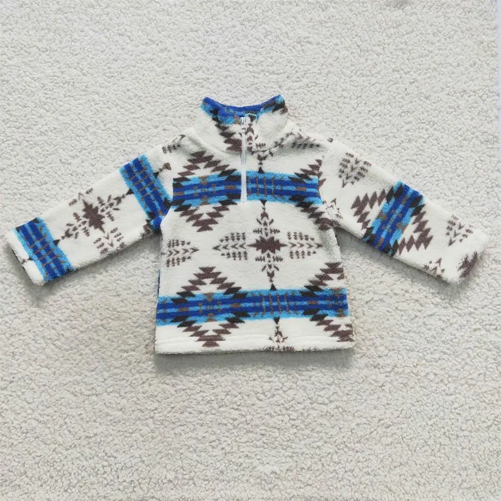 Baby Boy Girl Winter Fur Coat Long Sleeves Blue Aztec Overcoat Grain Fleece Lapel Zipper Children Infant Western Thick Cardigan