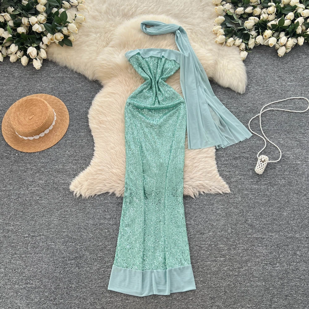 

Retro Elegant off shoulder sleeveless glitter dress High Waist Dress Women summer Long ceremony dresses