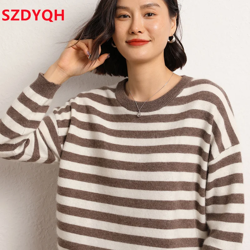 2023 Hot Sale Autumn Winter Women\'s 100% Cashmere Sweater O-Neck Striped Warm Pullover Female Loose Large Size Knitted Jumper