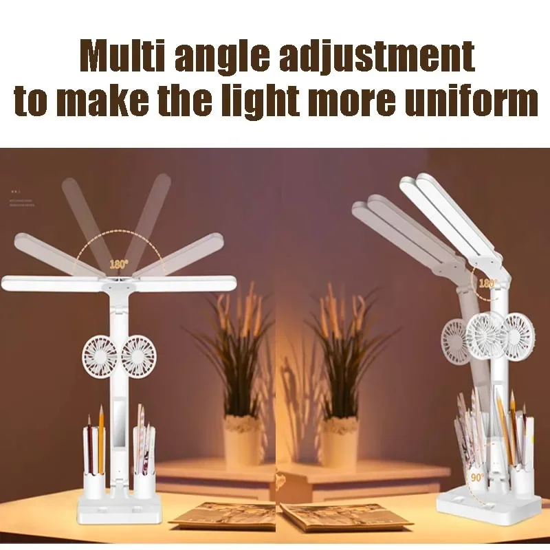 Lampes de bureau LED multifonctions avec ventilateur, protection des yeux à intensité variable, lampe de livre, lampe de table pliable à double tête, étude, bureau, chevet