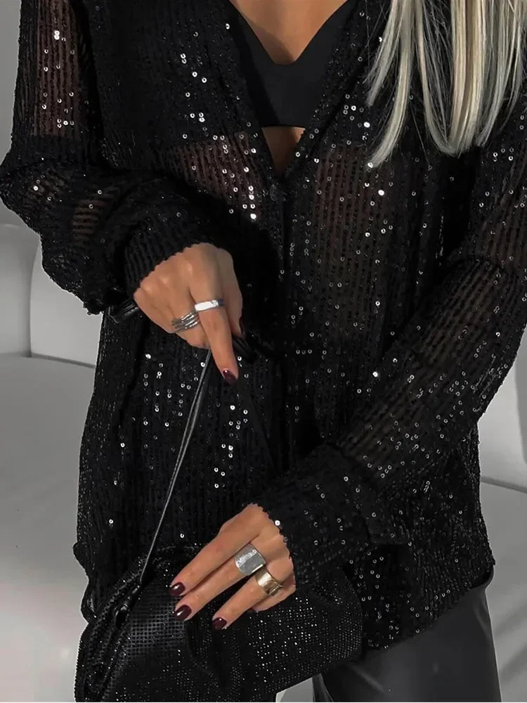 Модная однотонная блестящая блузка для женщин, шикарная женская рубашка с отложным воротником и длинными рукавами, элегантная однобортная женская свободная блузка