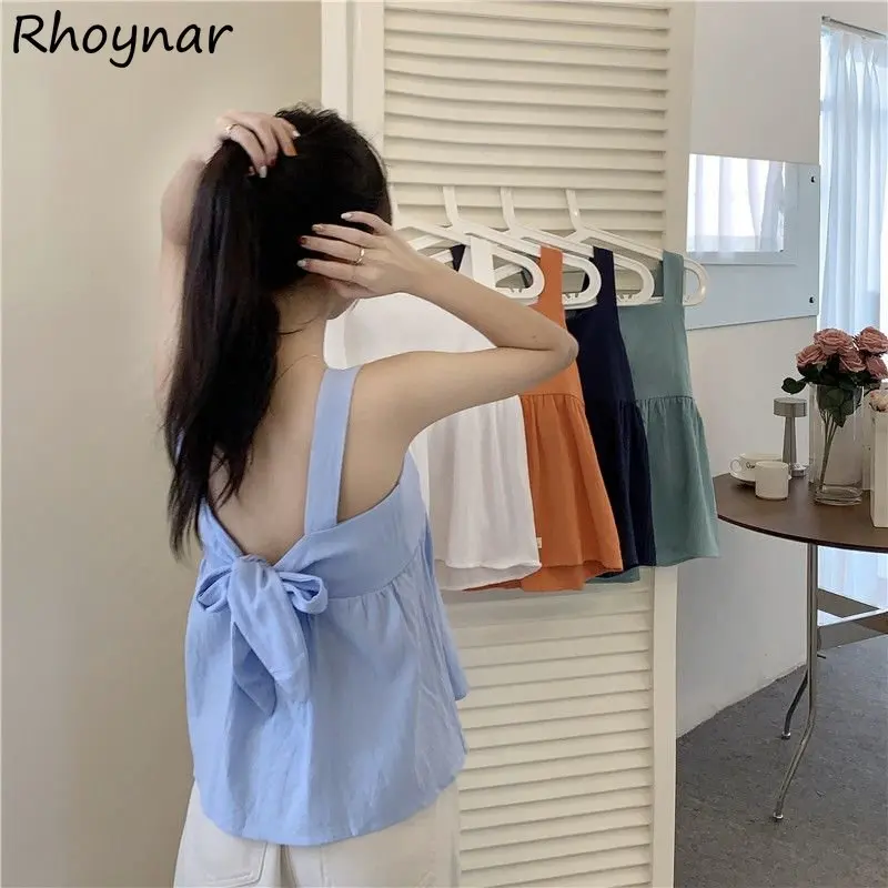 Backless Tanks Women Bow Design Hotsweet 5 Colors French Style Loose Vintage Summer New Arrivals Young Holiday Female Ulzzang