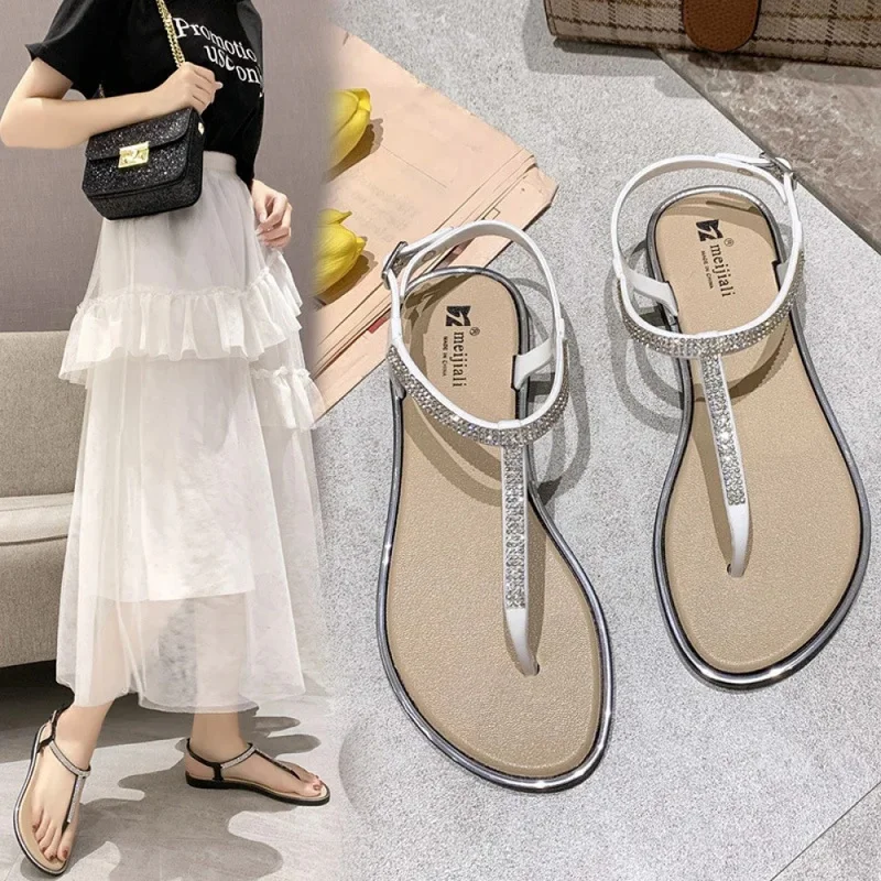 New Summer Sparkly Crystal Slides  Women Shoes Fairy Korean Style Open Toe Casual Outdoor Beach Sandals Trendy Slippers Mujer