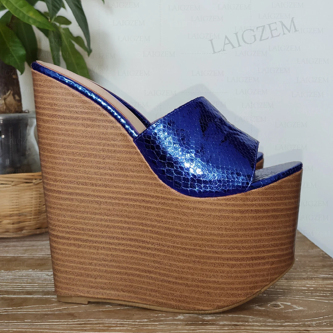 DOHBANER Women Pumps Peep Toe Metallic Platform Wedges Sandals Height Increase Summer Handmade Shoes Woman Big Size 43 45 47 48