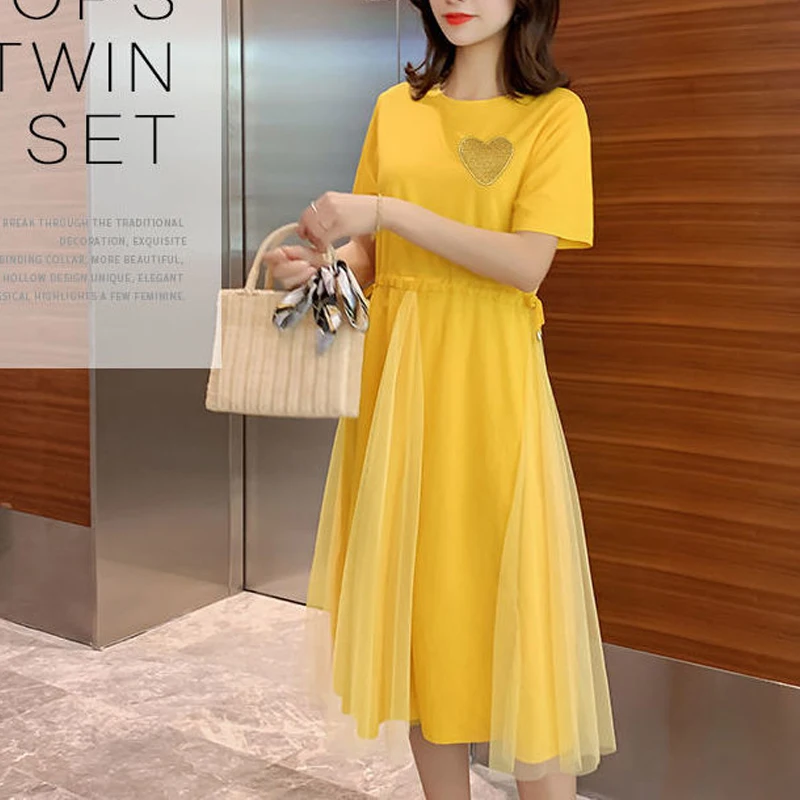 Summer Round Neck Fashion Short Sleeve Midi Dress Women High Street Casual Printing Vestidos Lace Patchwork Drawstring Dresses