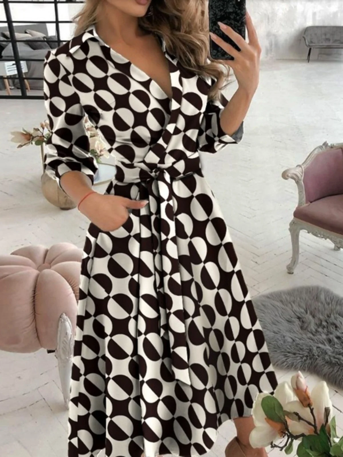 الربيع الصيف Faion V-ne مطبوعة بدوره إلى أسفل طوق التفاف حول كبير يتأرجح تنورة المرأة مثير الخامسne سوينغ الدكتور