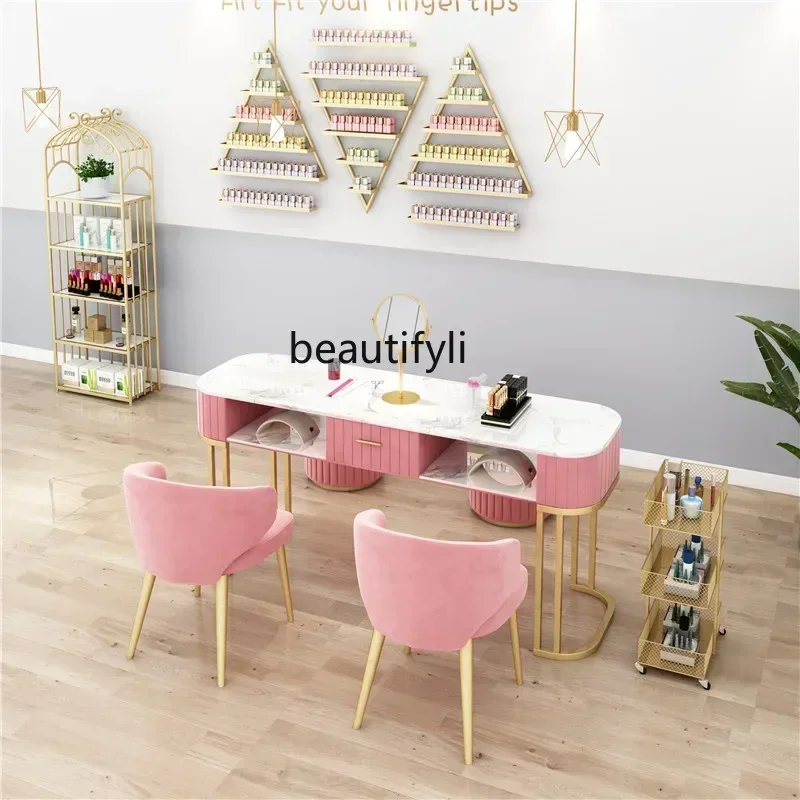 

smt03 Nail art table and chair set Light luxury decoration Marble single double nail art table
