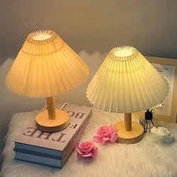 Retro Pleated Table Lamp Korean Wood Dimming Paper Desk Lamp Cute Creative Night Light Bed Lamp Gift for Girlfriend