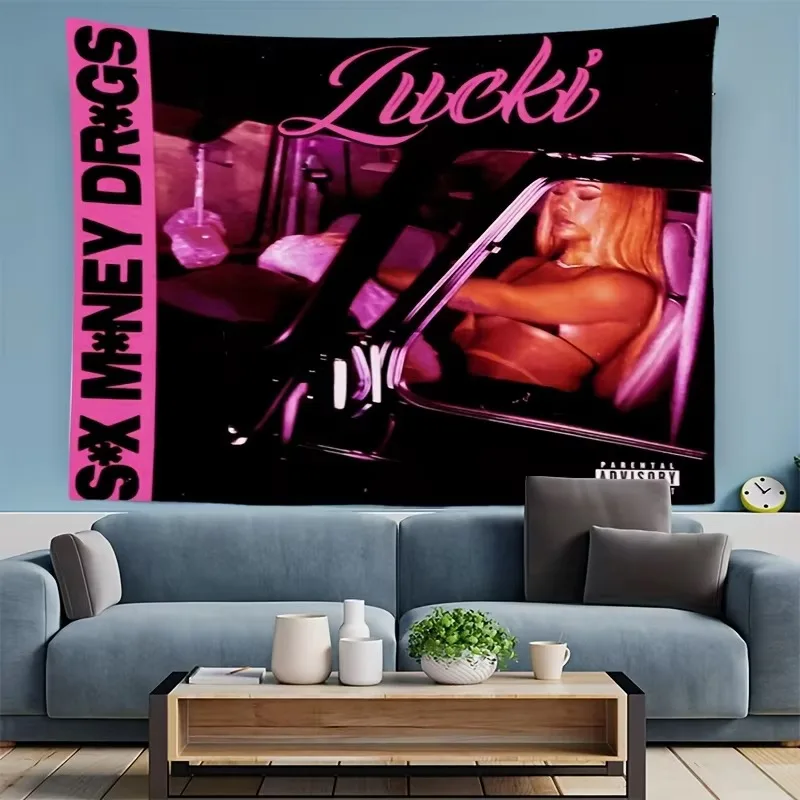 Lucki Music Album Cover Tapestry, Glamorous Woman in Car Hip Hop Wall Hanging for Bedroom Living Room Dorm Decor Gift