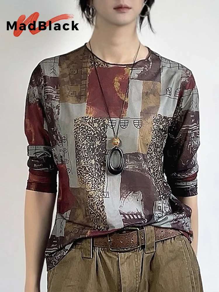 MadBlack-Women European T-Shirt, Sexy O Neck Geometry Print, Workwear Long Sleeve Slim M-2XL Elastic Tee, 2025 Winter T5N603CC