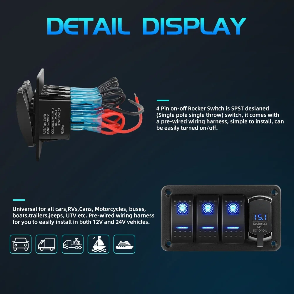 HL 2/3/4/5/6+1 Gang Rocker Switch Panel IP68 Waterproof with Blue/Red LED Backlight On/Off Dual USB Charger off-road use