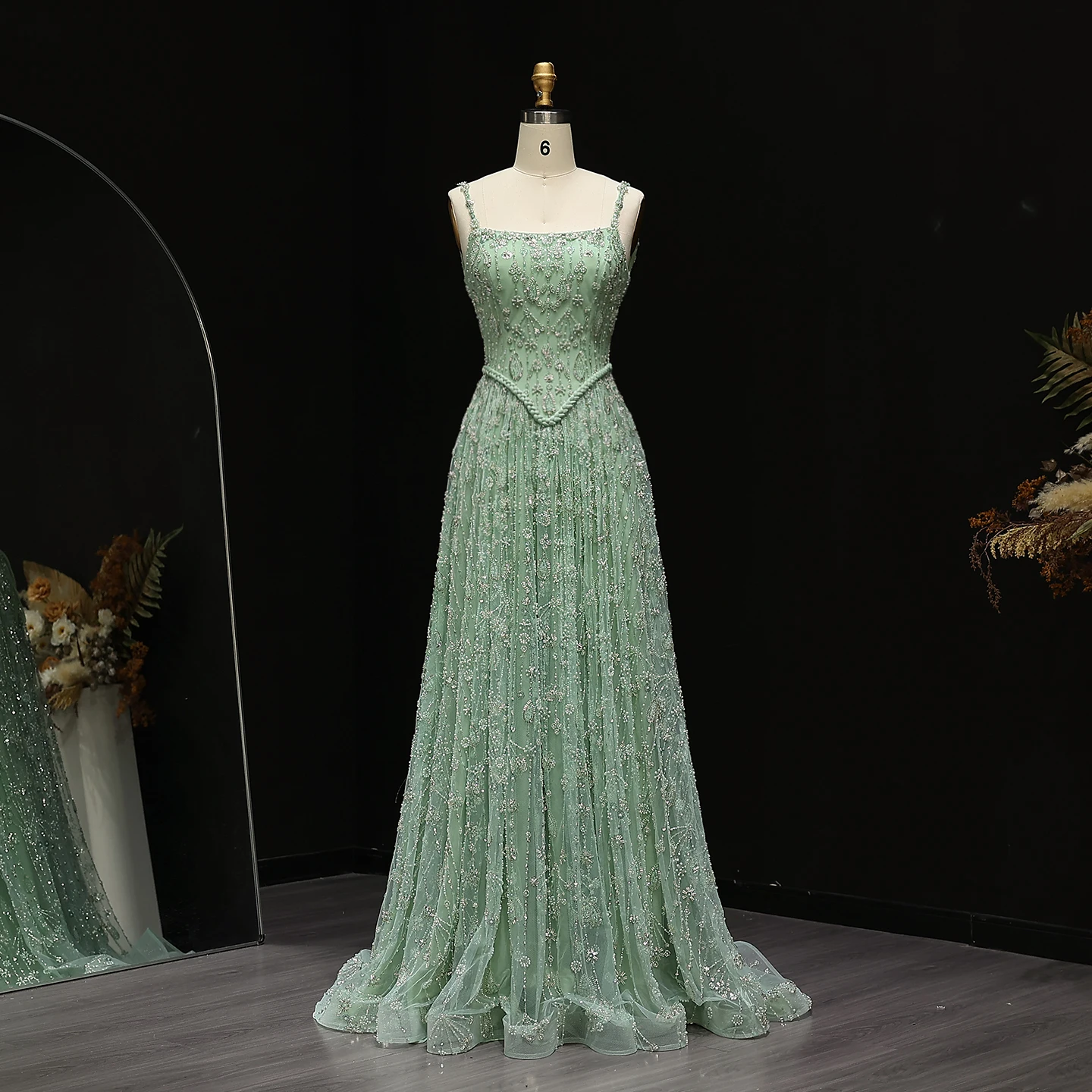 Sharon Said Elegant Sage Green Luxury Arabic Evening Dress for Women Wedding Party Spaghetti Straps 2025 New SS123 Customized